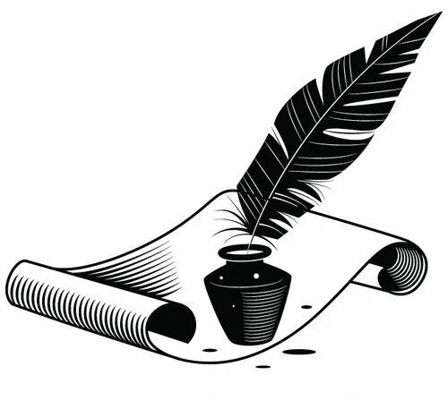 Black and white art of a quill and ink sitting on a piece of parchment