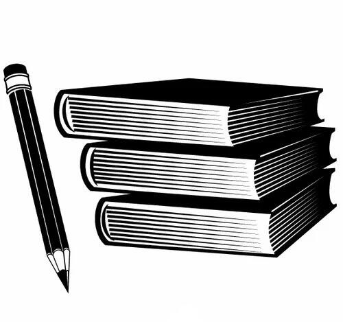 Black and white line art of a stack of a pencil next to a stack of books
